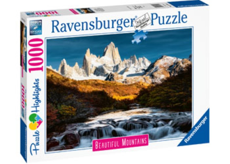 Ravensburger 1000-pc puzzle featuring the majestic Mount Fitz Roy, showcasing vibrant Patagonia landscapes for nature lovers.