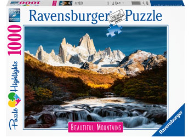 1000-piece jigsaw puzzle featuring vibrant artwork of Mount Fitz Roy in Patagonia, perfect for nature lovers and puzzle enthusiasts.