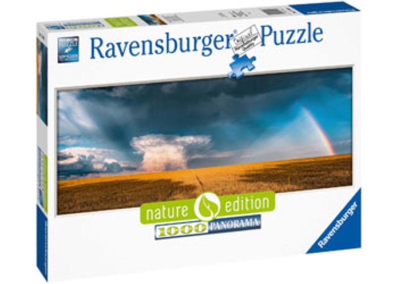 Colorful 1000-piece Ravensburger puzzle featuring a vibrant rainbow design for hours of engaging family or solo fun.