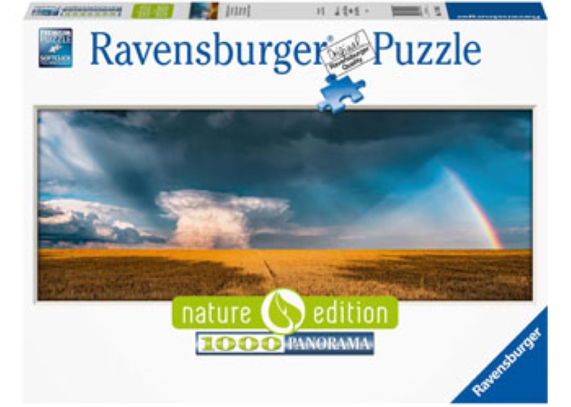 Colorful Ravensburger 1000-piece puzzle featuring a vibrant rainbow design, ideal for families and puzzle enthusiasts.