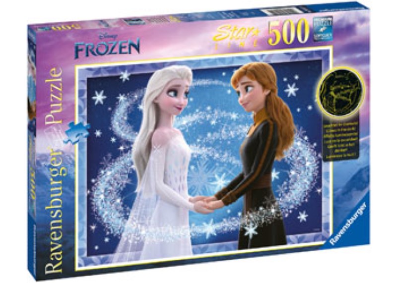 Ravensburger 500pc puzzle of sisters Anna and Elsa, featuring vibrant artwork and eco-friendly materials. Perfect for Disney fans.