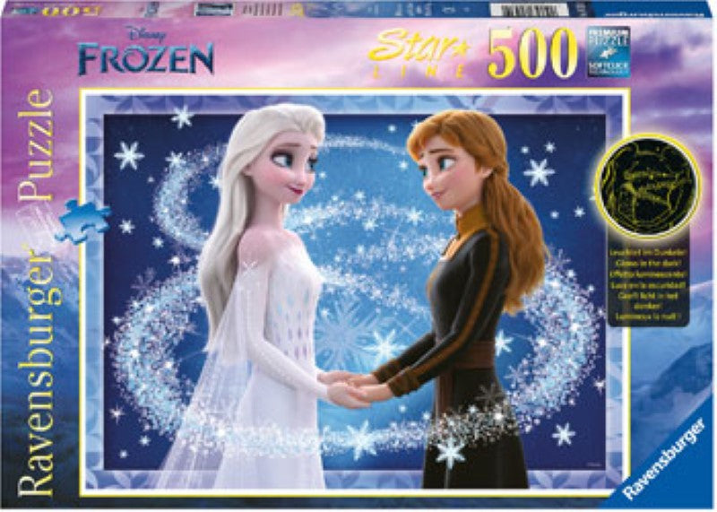 500-piece Ravensburger puzzle featuring Anna and Elsa from Disney's Frozen, crafted from eco-friendly materials.