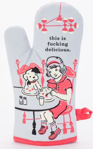 Oven mitt with bold "Fucking Delicious!" print, made of 100% cotton for heat resistance and stylish kitchen flair.