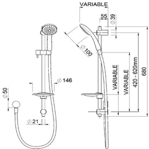 Echo Rail Shower 1 Function Slide Chrome E9502 - Methven