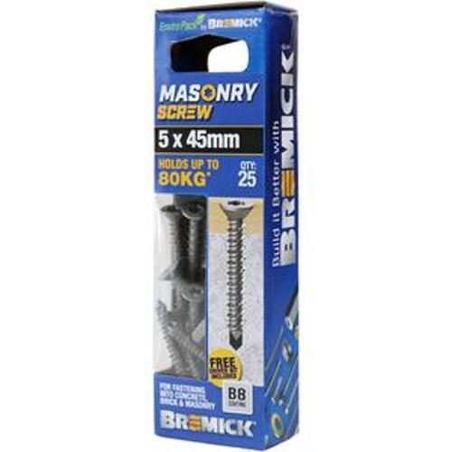 Masonry Screw Countersunk Head B8 T25 5 x - Bremick 45mm 25 Box