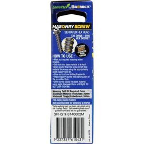 Masonry Screw HEX Head B8 T25 6.5 x - Bremick 60mm 12 Box