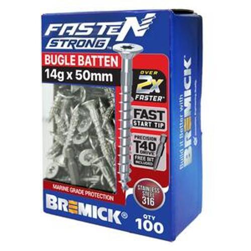 Fasten Strong Bugle Batten Screw Stainless Steel 316 T40 - Bremick 14g 50mm