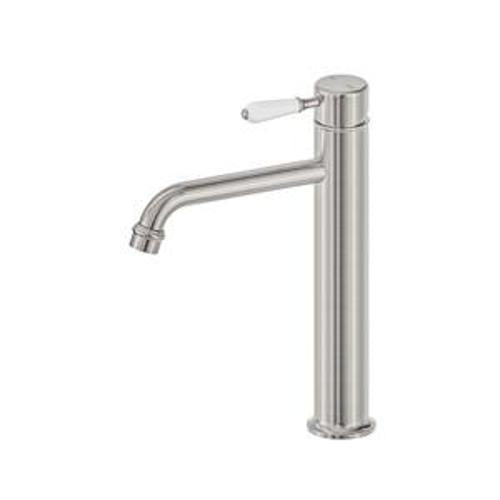 York Straight Tall Basin Mixer Brushed Nickel With White Porcelain Lever - Nero