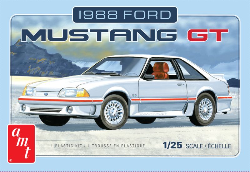 Detailed 1/25 scale plastic model kit of the '88 Mustang from AMT, perfect for car enthusiasts and hobbyists to assemble.
