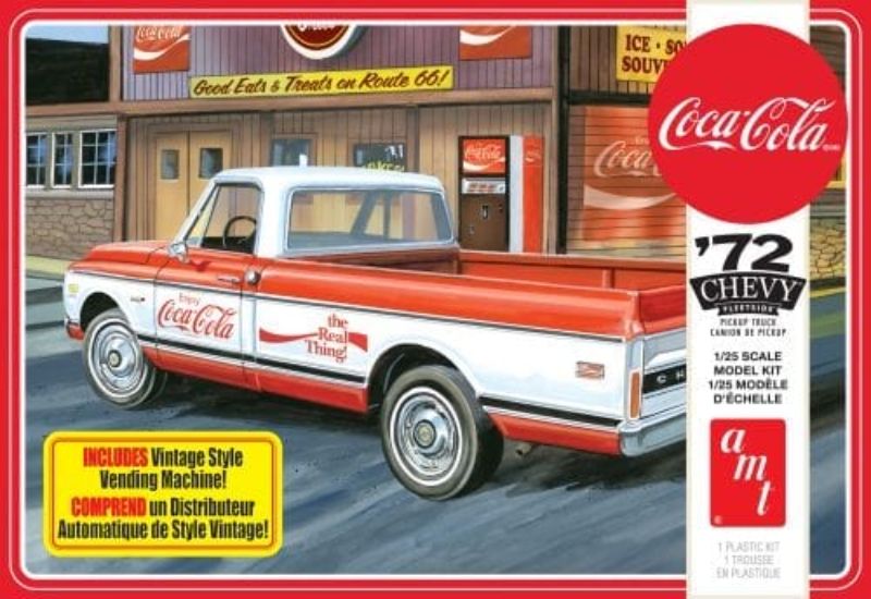 Detailed plastic model kit of a 1972 Chevy Pickup with Coca-Cola branding, includes vibrant decals and vintage vending machine.