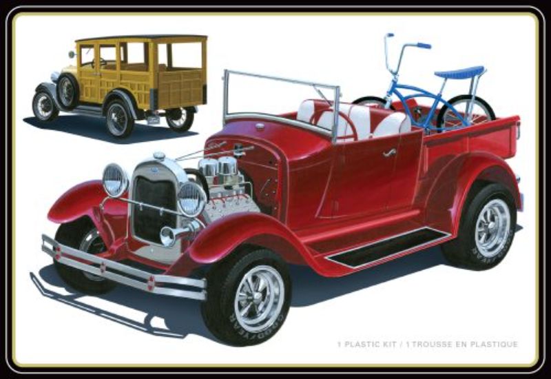 AMT 1/25 '29 Ford Woody Pickup plastic kit set featuring 4 build options with detailed decals and chrome parts for model enthusiasts.