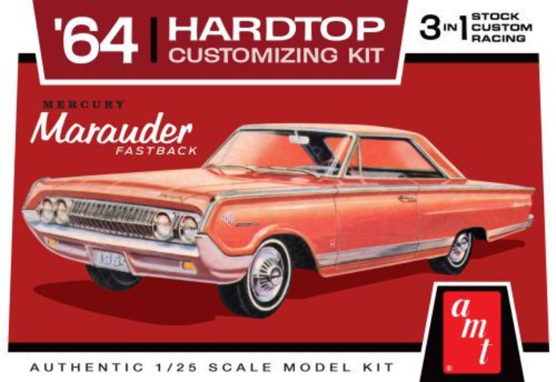 Plastic model kit of a 1964 Mercury Marauder, featuring customizable options and over 170 detailed parts for builders.