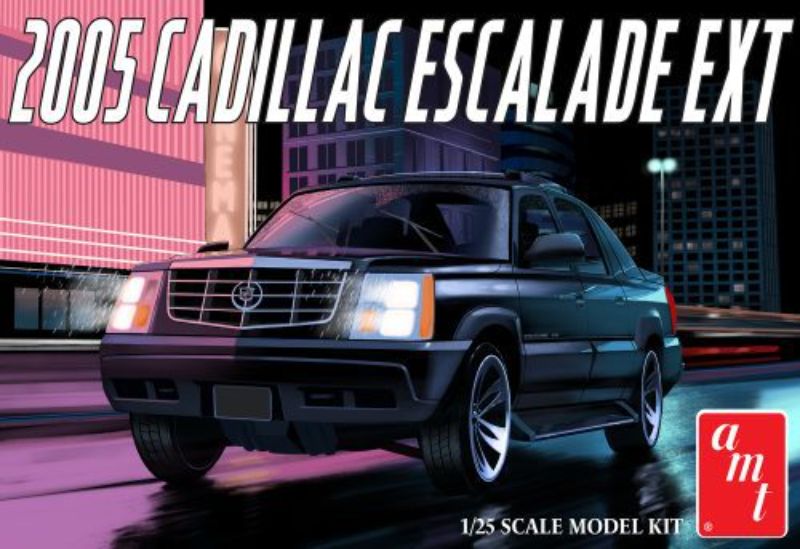 Model kit of a 2005 Cadillac Escalade EXT, featuring detailed chassis, 295 HP engine, and customizable wheels.
