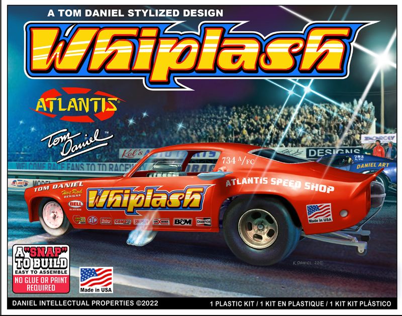 Alt text: 1/32 scale Atlastic Whiplash' Camaro Funny Car model kit featuring a detailed body, blown hemi engine, and vibrant colors.