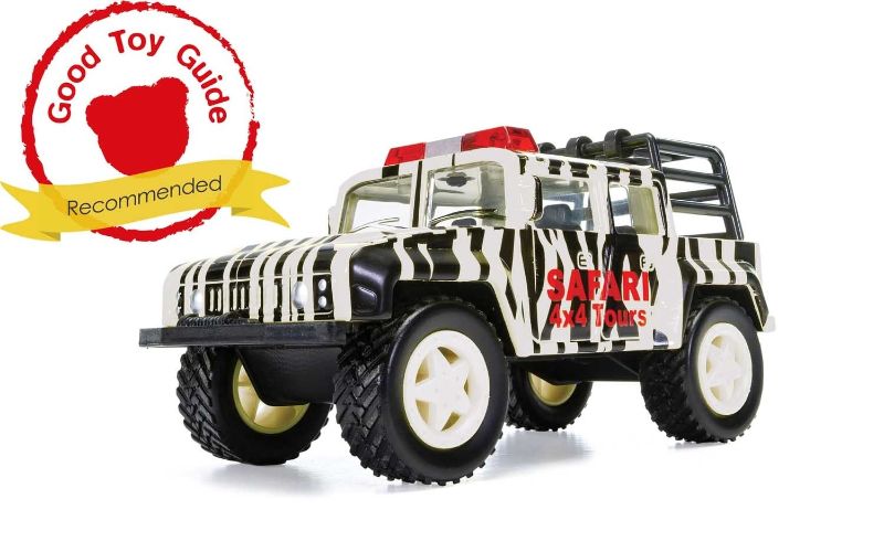 Diecast 4x4 off-road safari vehicle in black and white camouflage, perfect for adventurous play and collecting.