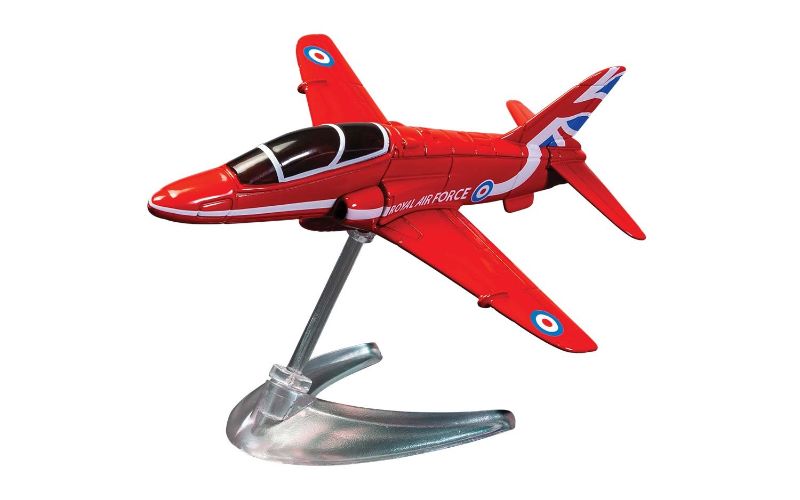 Diecast model of the RAF Red Arrows Hawk, featuring vibrant colors and detailed design, perfect for collectors and enthusiasts.
