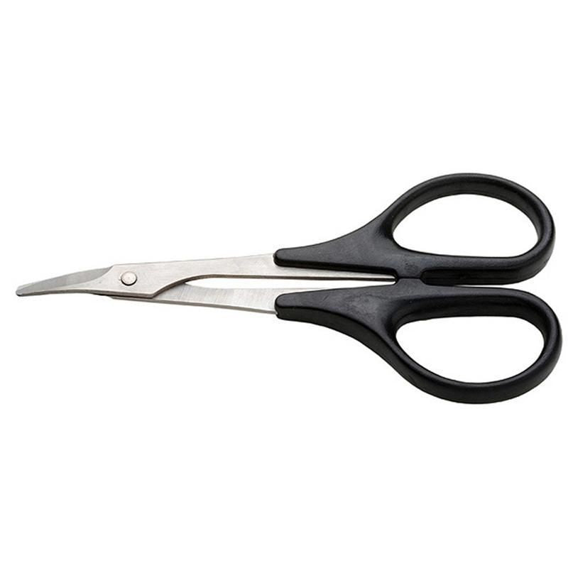 Curved stainless steel scissors designed for precise cutting of polycarbonate and lightweight materials, featuring an ergonomic soft grip handle.