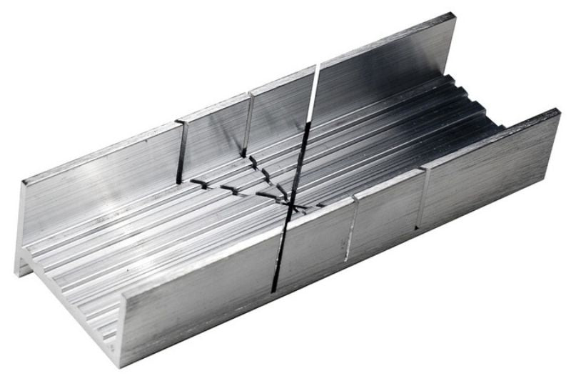 Aluminium mitre box for precise 45° and 90° cuts in wood, plastic, and metal, ideal for hobbyists and professionals.