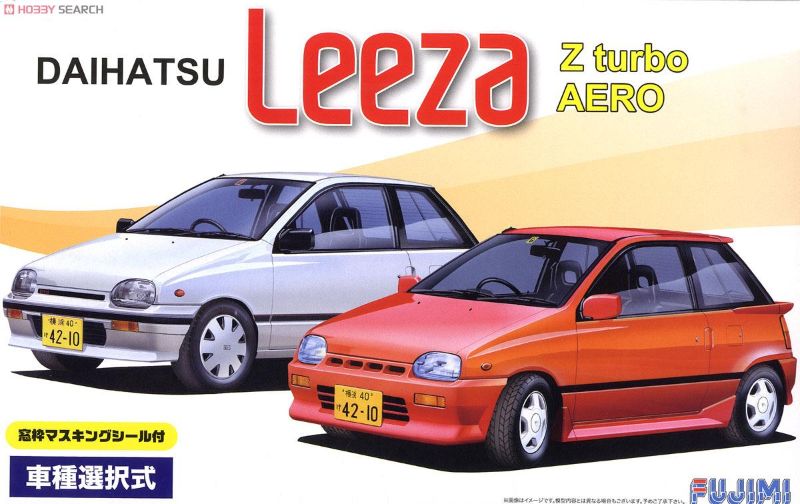 Plastic model kit of the 1/24 scale Daihatsu Leeza Z/Aero, featuring snap-on design and intricate aero parts for customization.