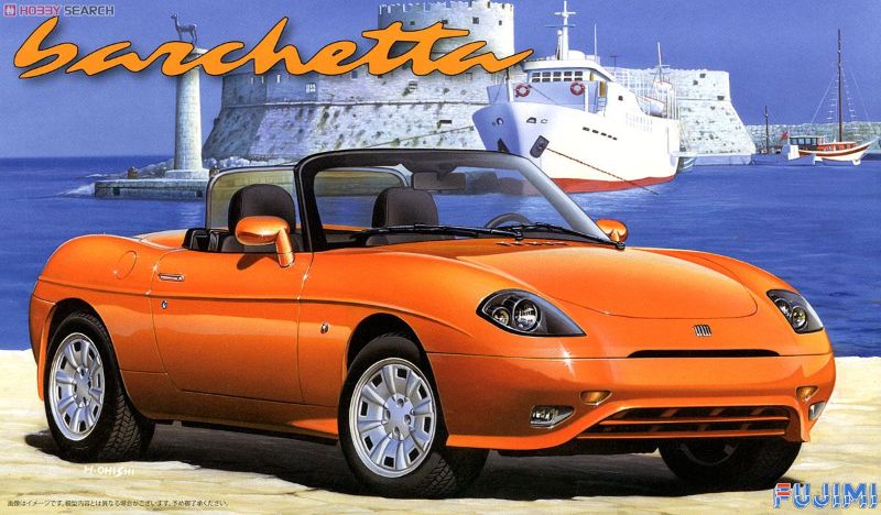 Model kit of the 1/24 scale Fiat Barchetta by Fujimi, unassembled with detailed components for creative assembly.