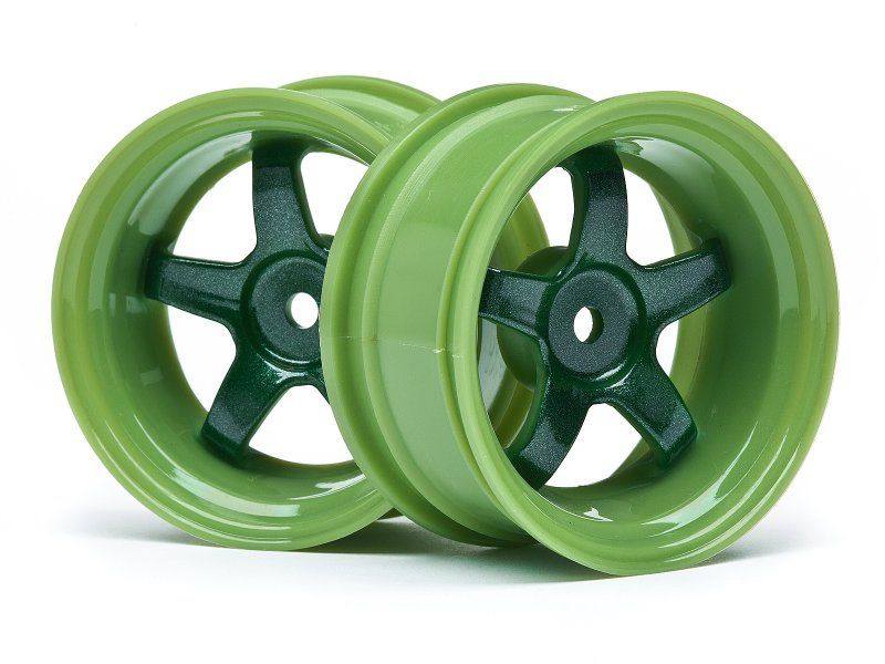 Green 1/10 scale RC wheels, Work Meister S1 by HPI, featuring 6mm offset, durable nylon, and stylish two-tone finish.