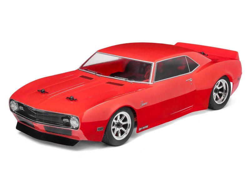 Radio control body 200mm '68 Camaro replica, showcasing classic muscle car design with photorealistic decals and optional rear spoiler.