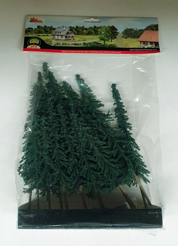 Lifelike JJT Model Scenery Econo.Conifer trees (12) from 154mm to 1254mm, perfect for enhancing model landscapes.