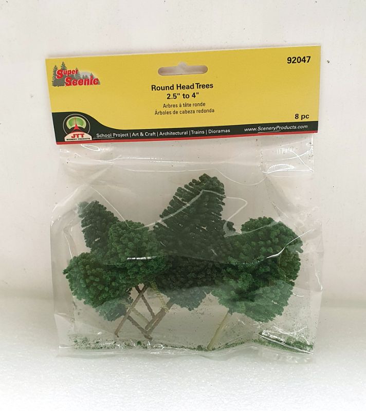Realistic 60-100mm round head trees pack of 8, perfect for enhancing dioramas and model railway landscapes.