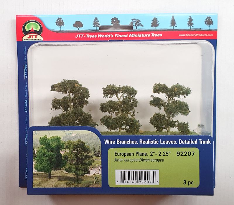 Realistic Euro Plane Trees (50-57mm, 3 pack) for enhancing model dioramas with lush greenery and intricate detailing.
