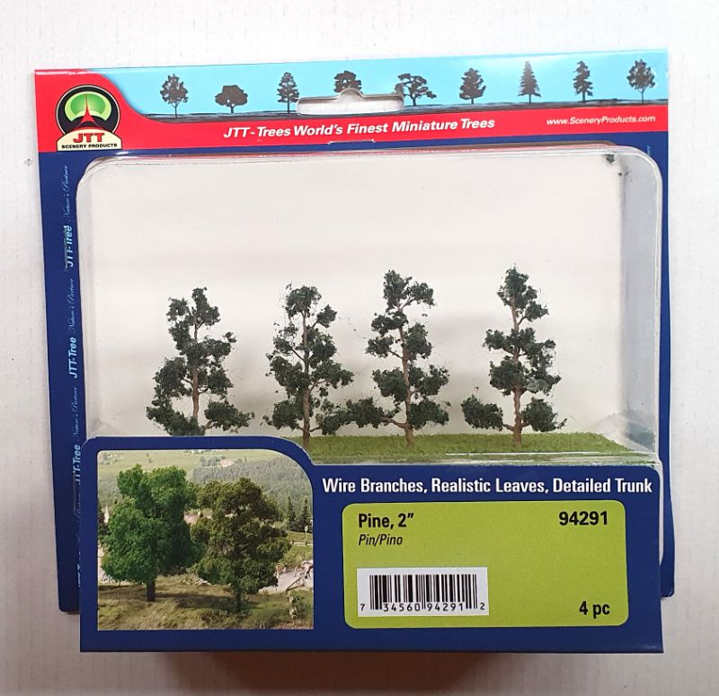 Realistic 50.8mm pine trees set of 4, ideal for enhancing model landscapes and dioramas with vibrant details.