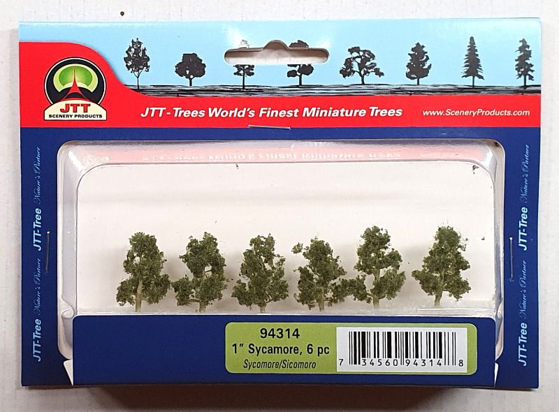 A pack of 6 JJT Sycamore Trees, each 25.4mm tall, perfect for enhancing miniature landscapes with realistic details.