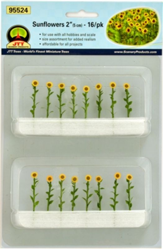 Vibrant JJT Model Scenery O scale sunflowers (50mm, 16 pack) for realistic and colorful dioramas and miniature landscapes.