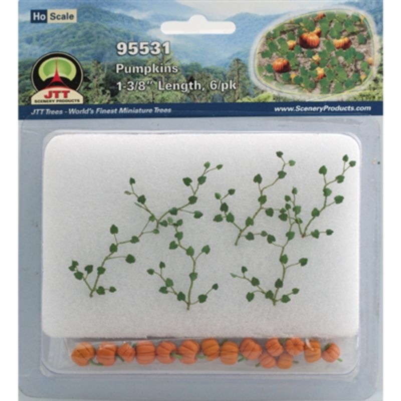 Colorful 9.5mm tall pumpkin miniatures, set of 6, perfect for autumn and Halloween model scenery.