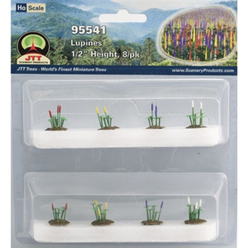HO scale model lupines, 13mm tall, vibrant colors for realistic landscapes in model railways and dioramas.