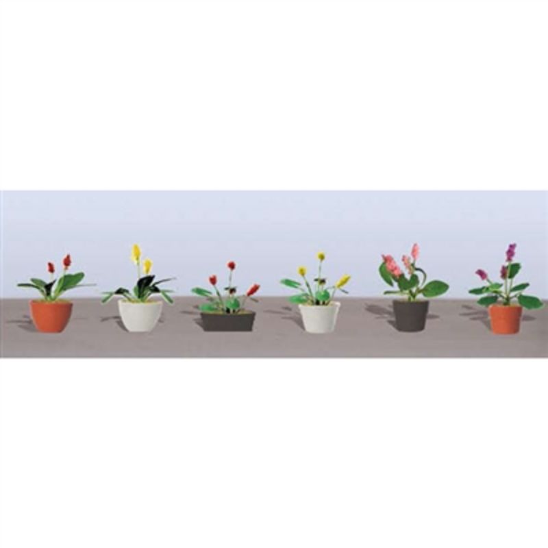 Assorted potted flower plants for model scenery, vibrant colors, perfect for dioramas and railway models.