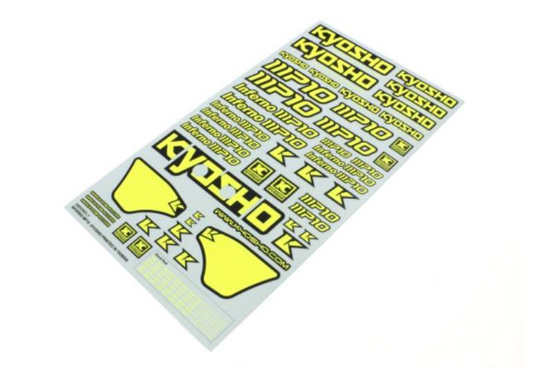 Vibrant yellow decals for Kyosho MP10 RC cars, made from durable vinyl for a stylish and lasting finish.