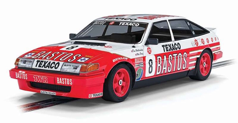 Scalextric Donington Rover Vitesse #8 slot car in iconic red and white, showcasing 3.5L V8 power and 1986 racing history.