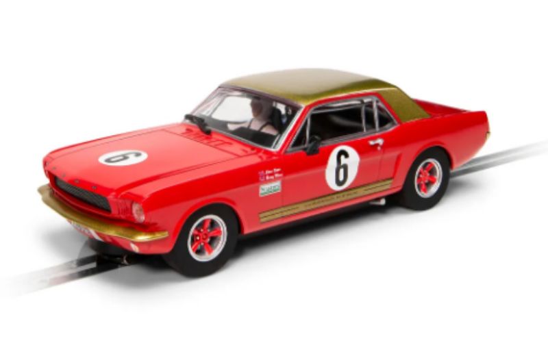 Scalextric Goodwood Mustang #8 slot car in red and gold, inspired by Alan Mann Racing, ideal for collectors and racing fans.