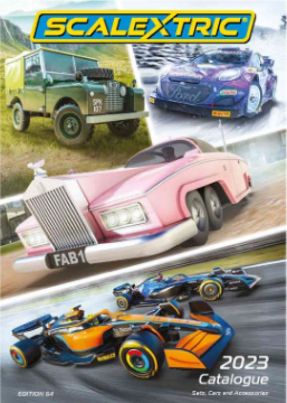 Scalextric 2023 Catalogue showcasing diverse slot cars, track layouts, and accessories for racing enthusiasts and collectors.