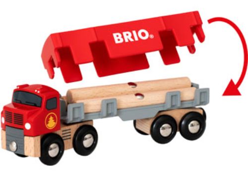 Bright red BRIO Lumber Truck toy with detachable trailer and logs, designed for imaginative play and motor skill development.