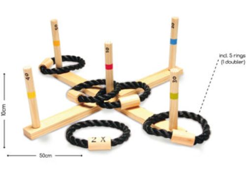 Colorful wooden ring toss game for outdoor fun, enhancing hand-eye coordination and promoting friendly competition.