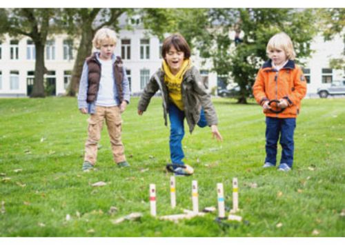Colorful wooden ring toss game for outdoor fun, promoting hand-eye coordination and active play for all ages.