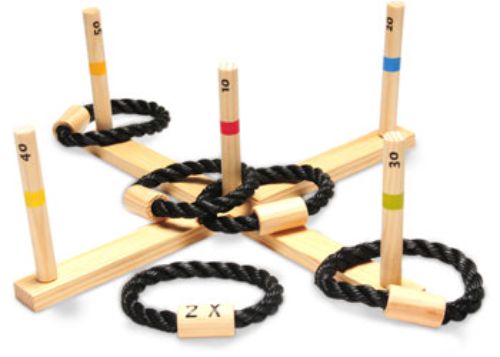Colorful wooden ring toss game for outdoor fun, promoting coordination and friendly competition for all ages.