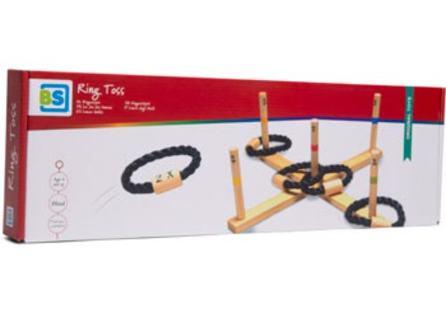 Colorful rings and wooden posts of BS Toys Ring Toss game, promoting fun, skill-building, and outdoor activity for all ages.