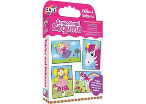 Children's craft kit featuring chunky board fairy and unicorn pictures, with over 800 colorful sequins and wax crayon for creative fun.