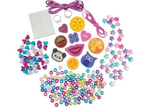 DIY jewellery kit featuring picture-changing discs and assorted beads for creating unique necklaces, bracelets, and rings.