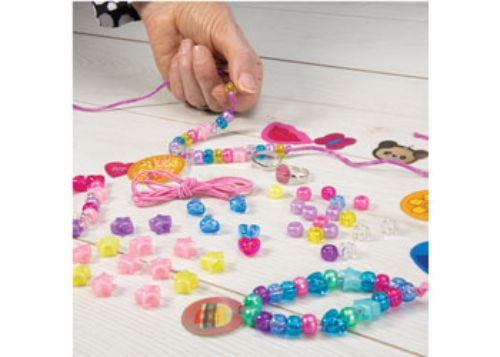 Galt Flip Jewellery DIY kit with picture-changing discs and colorful beads for creating unique necklaces, bracelets, and rings.