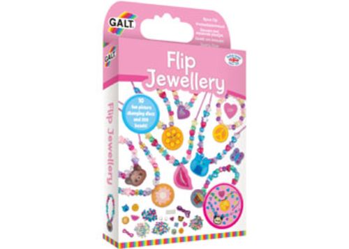 DIY jewellery kit featuring picture-changing discs, round beads, heart beads, and star beads for creative designs.