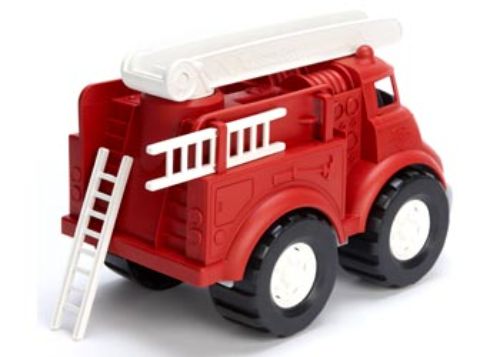 Eco-friendly Green Toys Fire Truck crafted from recycled plastic; features rotating ladder and removable side ladders for imaginative play.