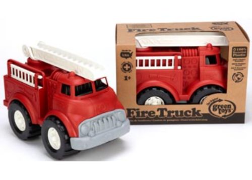 Vibrant red eco-friendly fire truck made from 100% recycled materials, featuring a rotating ladder and two removable side ladders.